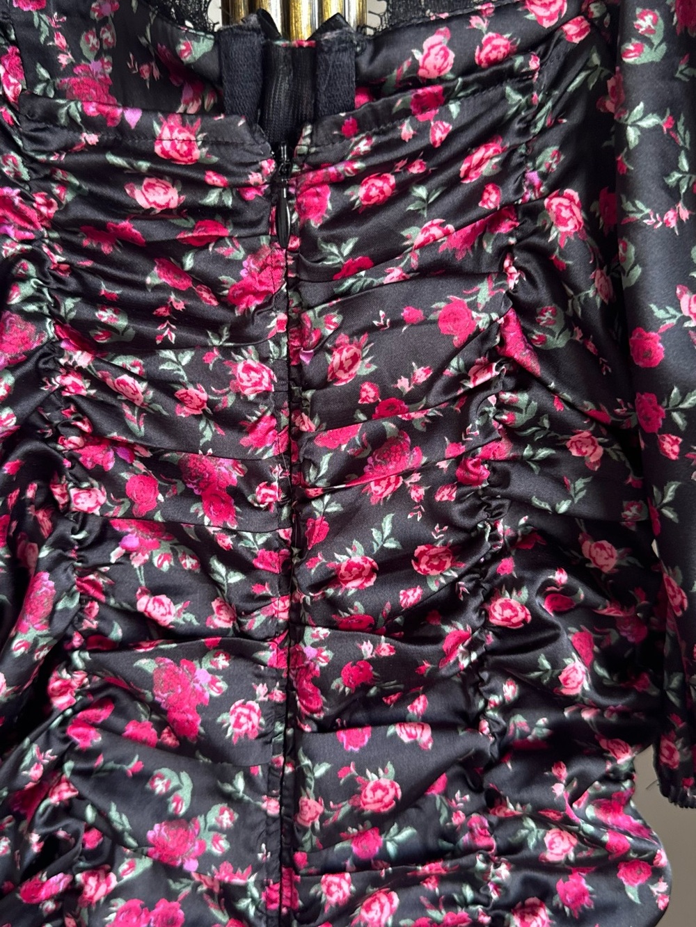 For Love And Lemons Black with Pink Floral Ruched Puff-Sleeve Mini Dress - Picture 5 of 5